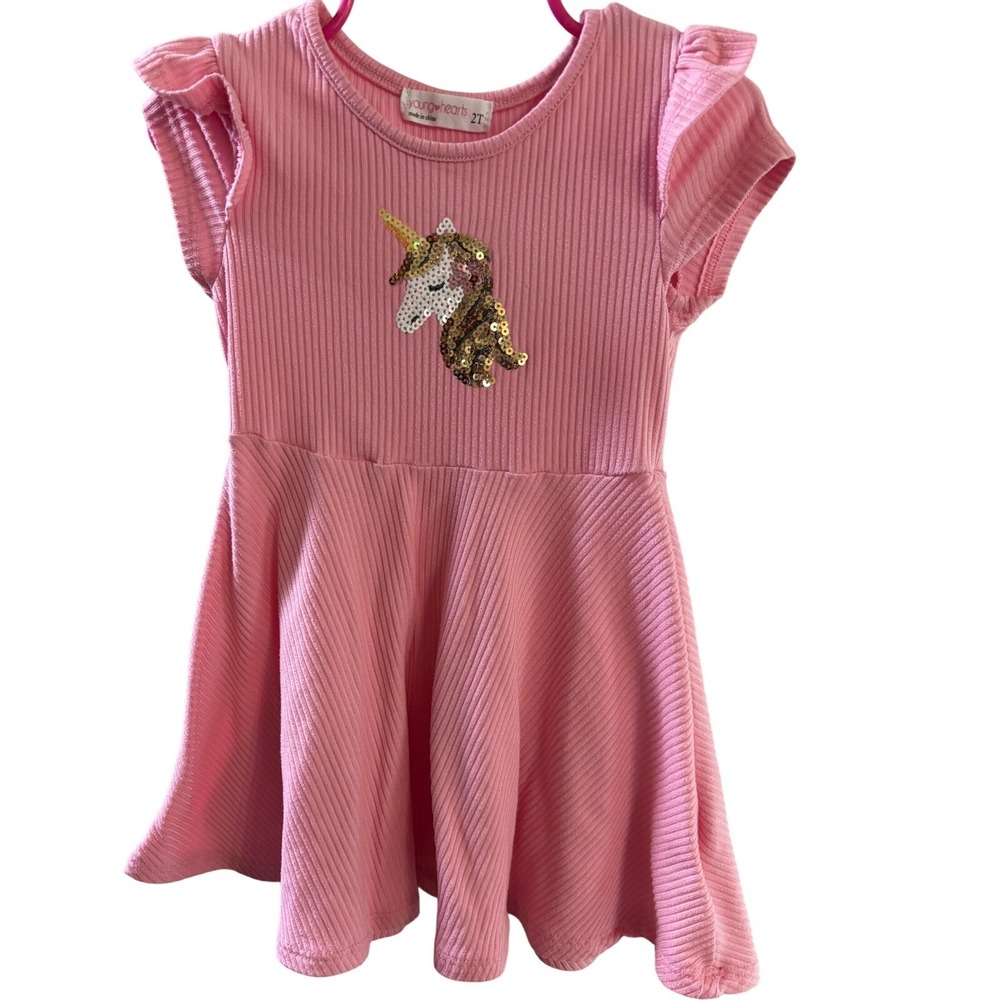 Young Hearts 2T Unicorn Dress Sequin‎ Pink Flutter Sleeve Play Dress knit